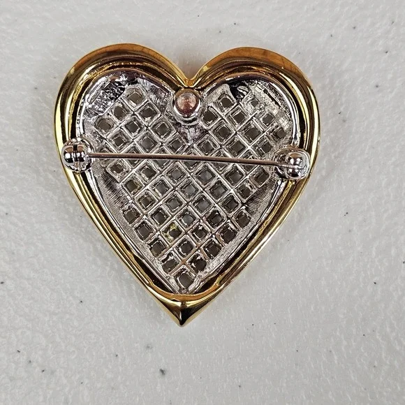 Nolan Miller Heart Brooch Baguette Rhinestone Woven Look Gold Tone Love - Picture 4 of 6